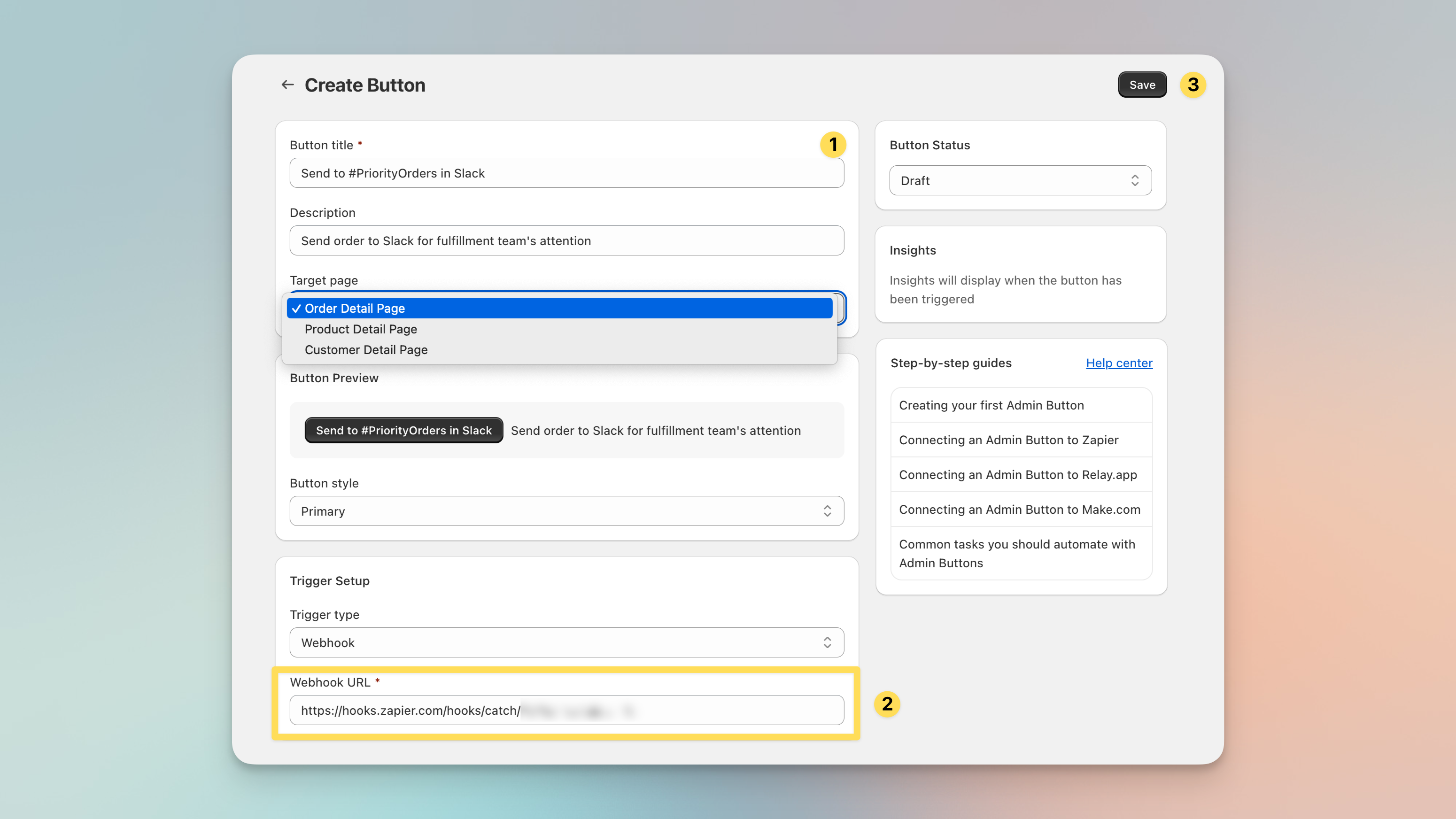 Zapier webhook setup for Shopify in Shopify admin